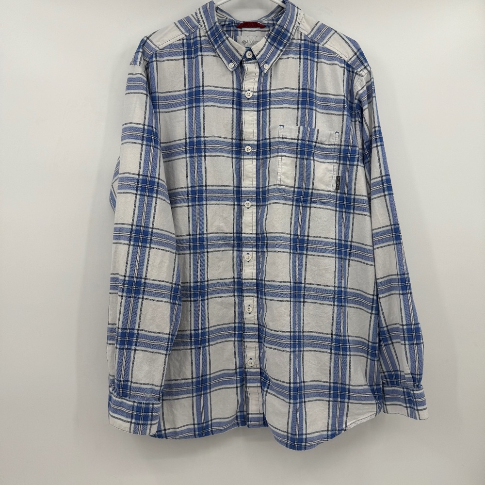 Columbia Shirt Men XL White Blue Plaid Long Sleeve Button Up Cotton Outdoor